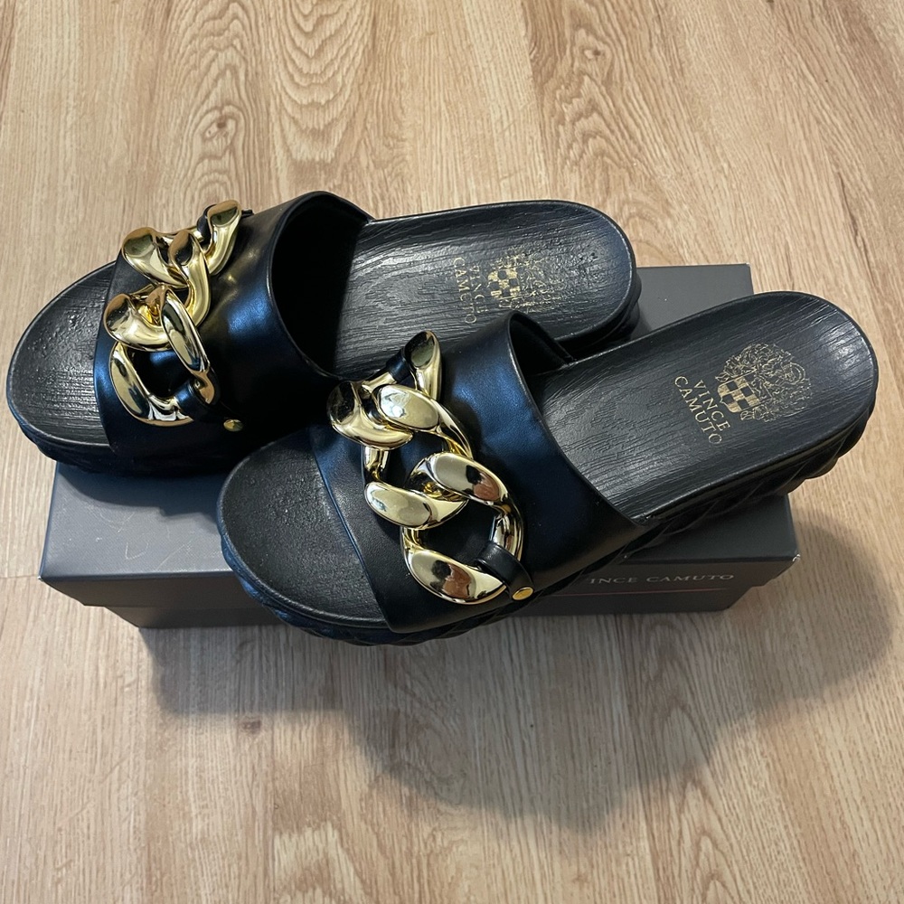 Vince Camuto Black Slide Mules with Oversized Gold Chain